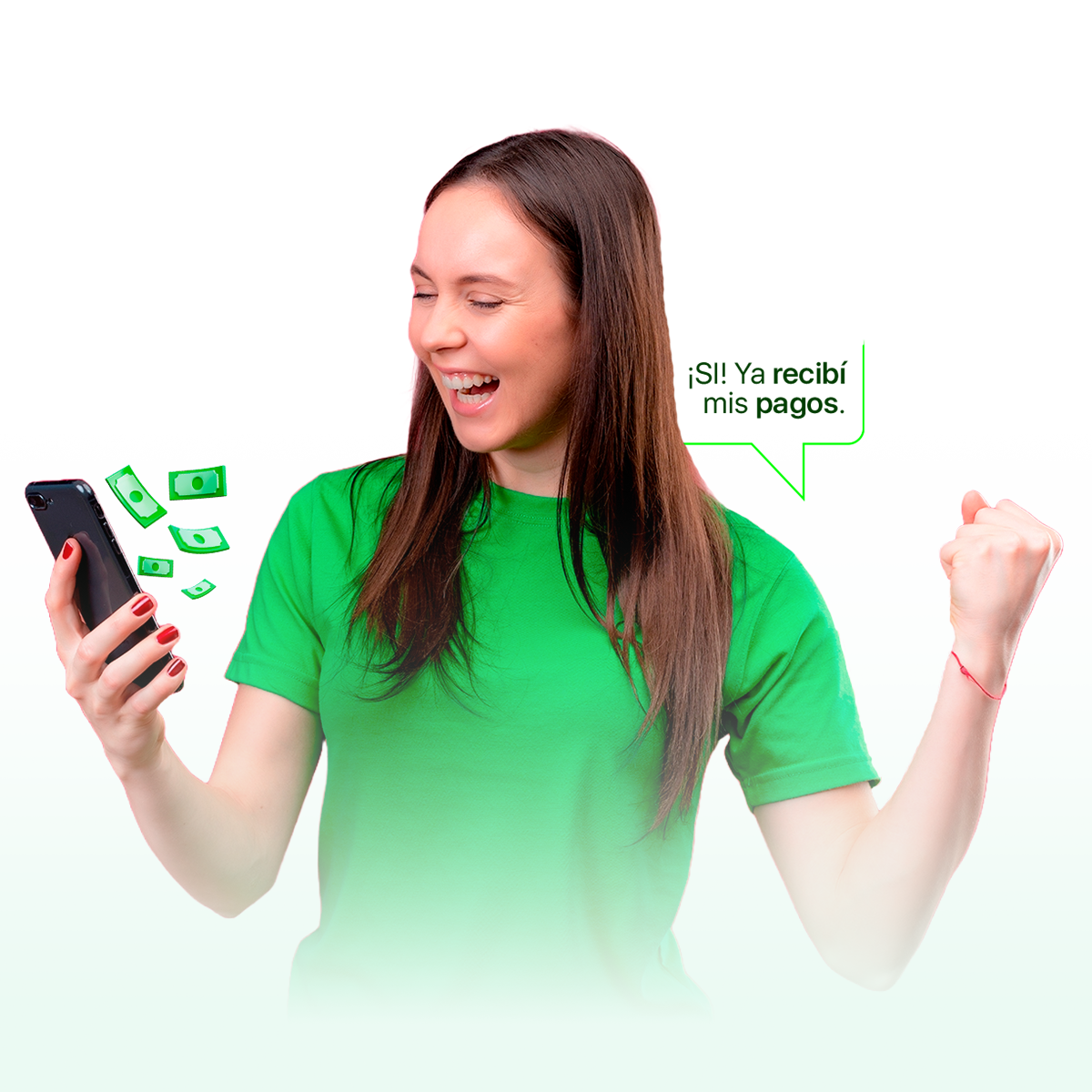 Mujer joven sonriendo y celebrando, mirando los ingresos registrados en su celular. En la imagen se sobreimprime el texto “Sí, ya recibí mis pagos”.